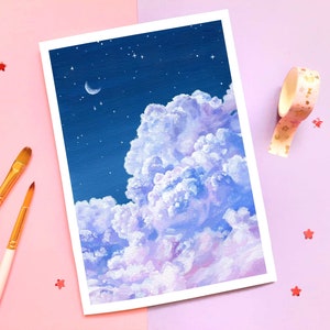 Purple Cloud and Night Sky Art Print A4/A5/A6 Fluffy Cloud Acrylic Painting Print Laura Caroline image 9
