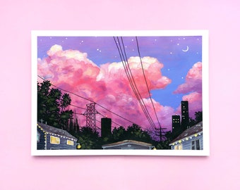 Sunset Clouds and City Art Print ~ A4/A5/A6 ~ Pink and Purple Skyline Wall Decor ~ Dreamy Acrylic Painting Print ~ Laura Caroline