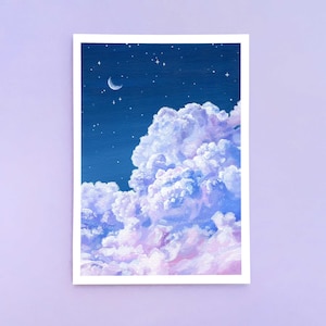 Purple Cloud and Night Sky Art Print A4/A5/A6 Fluffy Cloud Acrylic Painting Print Laura Caroline image 2