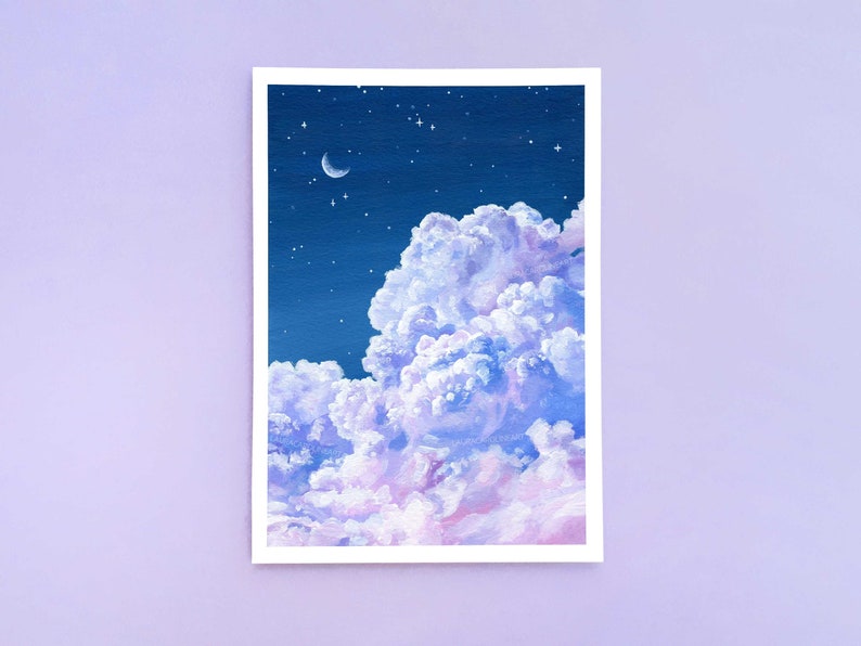 Purple Cloud and Night Sky Art Print A4/A5/A6 Fluffy Cloud Acrylic Painting Print Laura Caroline image 2