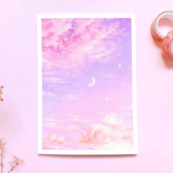 Pastel Pink Moon and Clouds Art Print ~ A4/A5/A6 ~ "Candyfloss Clouds" ~ Laura Caroline Art