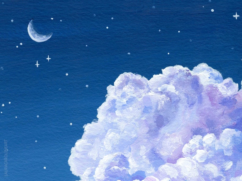 Purple Cloud and Night Sky Art Print A4/A5/A6 Fluffy Cloud Acrylic Painting Print Laura Caroline image 8