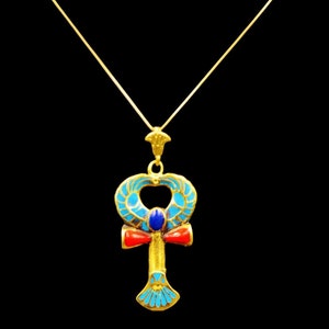 Handmade Golden Brass Pendant Necklace Chain Jewellery "Ancient Egyptian Ankh Cross Key of Life"...Natural Gemstones Inlays