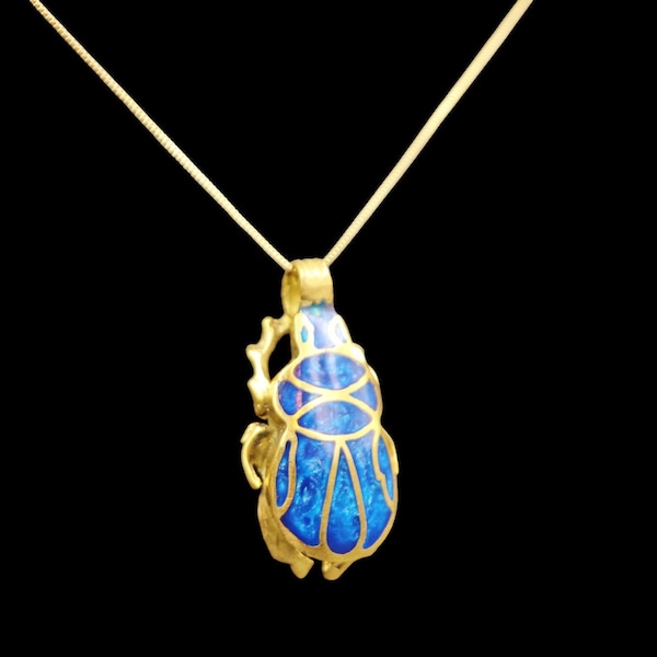 Handmade Golden Brass Pendant Necklace Chain Jewellery "Scarab Beetle - Symbol of Creation & Rebirth"...Natural Gemstones Inlays