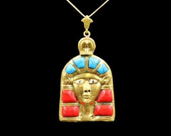 Handmade Golden Brass Pendant Necklace Chain Jewellery of Ancient Egyptian Queen Hathor "Goddess of LOVE & JOY"...Natural Gemstones Inlays