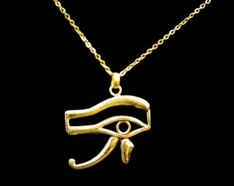 Handmade Golden Brass Pendant Necklace Chain Jewellery, Ancient Egyptian Eye of Horus "Symbol of Protection"