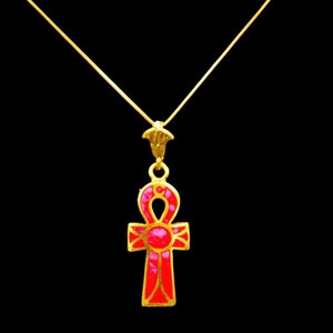 Handmade Golden Brass Pendant Necklace Chain Jewellery "Ancient Egyptian Ankh Cross Key of Life"...Natural Gemstones Inlays