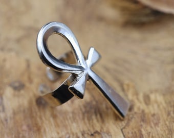 LARGE...Amazing Egyptian Handmade Sterling Silver Ring Band Costume Jewellery ...Ancient Ankh Cross Key of Life...Good Luck Charm