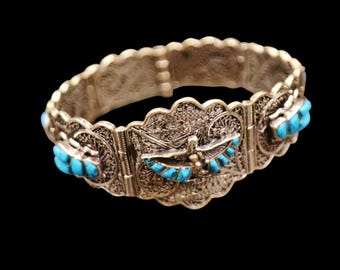 Antique Handmade Sterling Silver Link Filigree Bracelet of Ancient Egyptian "Scarab Beetle, Queen ISIS, Ankh Key" with Gemstones Inlays