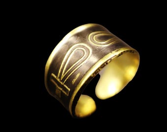 LARGE, Handmade Gorgeous Oxidized Brass Adjustable Ring Band Costume Jewellery of Ancient Egyptian Cross Ankh Key "Key of Life"
