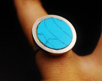 Egyptian Handmade Sterling Silver Ring Band Costume Jewellery Arabic/Persian Style Ring Band..."Turquoise Stone"