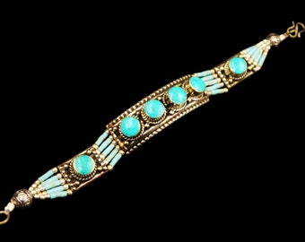 Vintage Nepalese Tibetan Handcrafted Copper Link Chain Bracelet with Natural Turquoise Coral gemstones