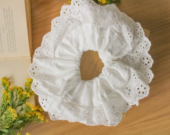 XL white embroidery scrunchie, oversize scrunchie, oversized scrunchie, cottagecore accessory, light academia accessory
