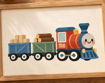 Kawaii Cargo Train Nursery Print, Smiling Locomotive, Hand-Painted Style (Digital Download)