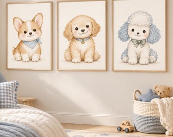 Puppy Nursery Wall Art Set of 3, Poodle Golden Puppy Corgi Prints