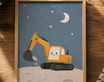 Watercolor Excavator Nursery Art, Whimsical Moon Construction Scene (Digital Download)