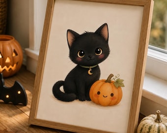 Black Cat Pumpkin Nursery Art, Watercolor Halloween Kitten Print (Digital Download)