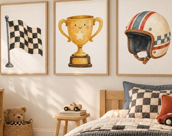 Juego de 3 láminas decorativas de carreras, con motivos de cascos de carreras y trofeos con bandera a cuadros.