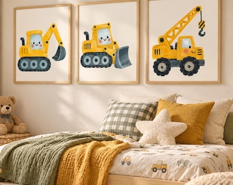 Juego de 3 láminas decorativas de vehículos de construcción: excavadora, bulldozer, grúa y camión.