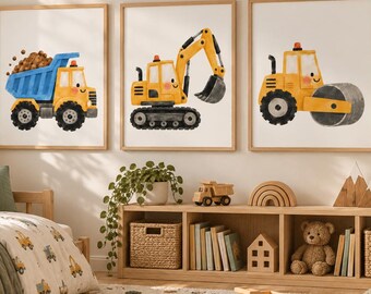 Juego de 3 láminas decorativas de vehículos de construcción: camión volquete, excavadora y apisonadora.