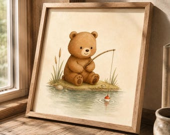 Fishing Bear Nursery Art, Woodland Animal Illustration, Watercolor Style (Digital Download)