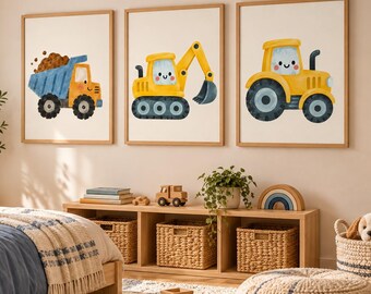 Juego de 3 láminas decorativas de vehículos de construcción: camión volquete, excavadora y tractor.