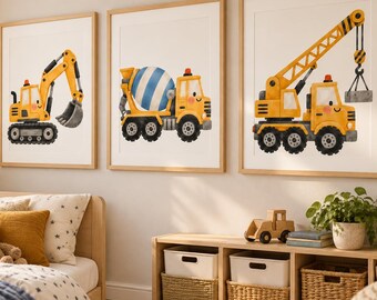 Juego de 3 láminas decorativas de vehículos de construcción: excavadora, hormigonera, grúa y camión.