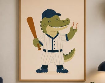 Baseball Alligator Nursery Art, Sports Animal Player Print (Digital Download)