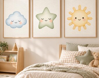 Celestial Nursery Wall Art Set of 3, Sleepy Star Sun Cloud Prints