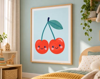 Cherry Wall Art, Smiling Cherries Nursery Print, Colorful Fruit Kids Room Decor