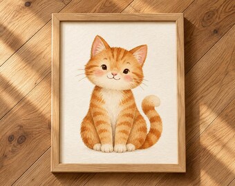 Cuadro decorativo de gato jengibre, lámina infantil de gatito naranja, lámina imprimible de gato en acuarela.