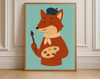 Artist Fox Nursery Print – Playful Teal Kids Room Decor (Instant Download)