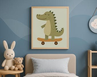 Muurkunst dinosaurus skateboarden | Speelse kinderkamer afdrukbaar | Genderneutrale kinderkamerdecoratie
