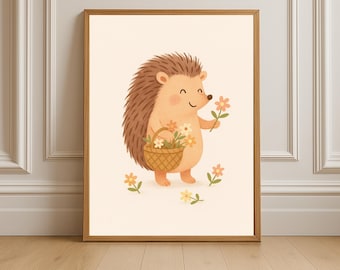 Flower Gathering Hedgehog Print, Woodland Nursery Wall Art, Kids Room Decor, Digital Download