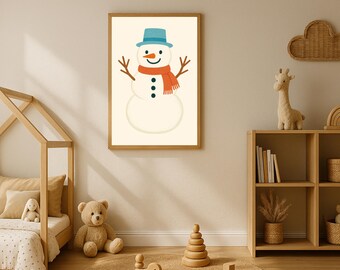 Stampa per cameretta dei bambini con pupazzo di neve sorridente: decorazione murale invernale in colori pastello (download digitale)