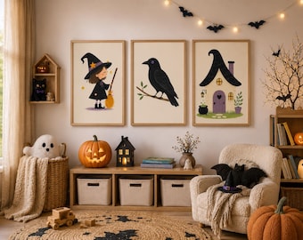 Paquete de láminas decorativas de Halloween con temática de brujas para habitación infantil / Descarga digital estilo cuento