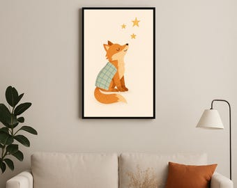 Stargazing Fox Nursery Art: Woodland Animals Print (Digital Download)