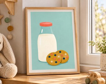 Milch-und-Keks-Kinderzimmerbild, verspielte, handgemalte Wanddekoration für Kinder (Digitaler Download)