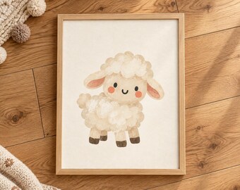 Cuadro decorativo de corderito, lámina infantil de oveja, lámina imprimible de animales de granja kawaii
