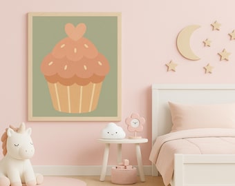 Heart Cupcake Nursery Wall Art – Pastel Digital Print for Baby Girl Room | Instant Download