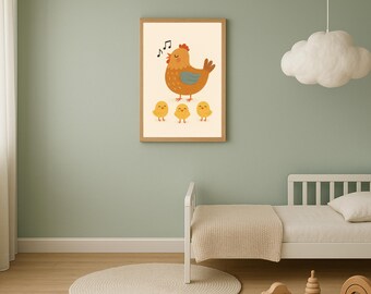 Singende Henne und Küken Kinderzimmer Druck, Bauernhaus Wand Kunst (Digitaler Download)