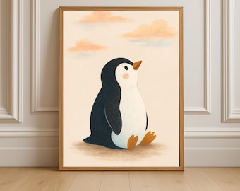 Penguin Nursery Print, Arctic Animal, Pastel Clouds (Digital Download)