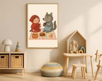 Red Riding Hood & Wolf Picnic Print: Pastel Nursery Art (Digital Download)