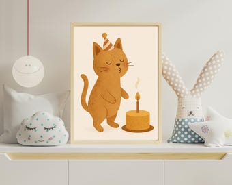 May include: A framed illustration of a ginger cat wearing a party hat, blowing out a candle on a small birthday cake. The artwork has a warm, inviting color palette and a whimsical style, perfect for a child's room or nursery.