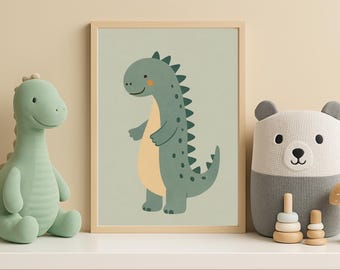 Quadro de Dinossauro Verde para Quarto de Bebê | Arte Divertida com Dinossauros (Download Digital)