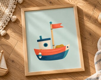 Fishing Boat Wall Art, Nautical Nursery Print, Coastal Kids Room Decor
