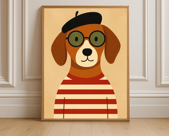 Brown and Beige Dog Print Beret Whimsical Dog Drinking Coffee Art Print – Dog in Beret With  main image 3