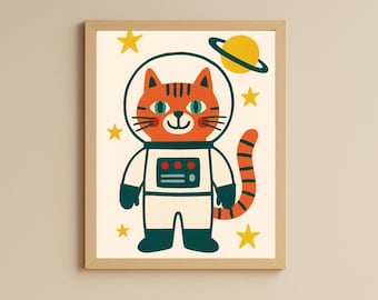 Astronaut Cat Wall Art Printable – Space Nursery Decor, Kids Room Poster, Instant Download