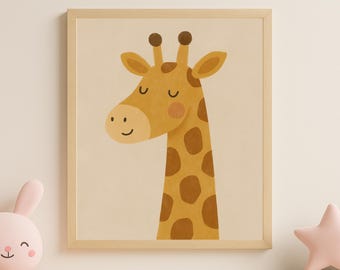 May include: A framed illustration of a giraffe's head and neck. The giraffe is depicted with a light brown face, ears, and horns, and a tan body with brown spots. The giraffe has closed eyes and a smiling mouth. The frame is light brown.