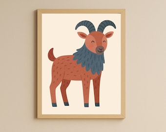 Arte infantil de cabra montés: Impresión rústica de animales (descarga digital)